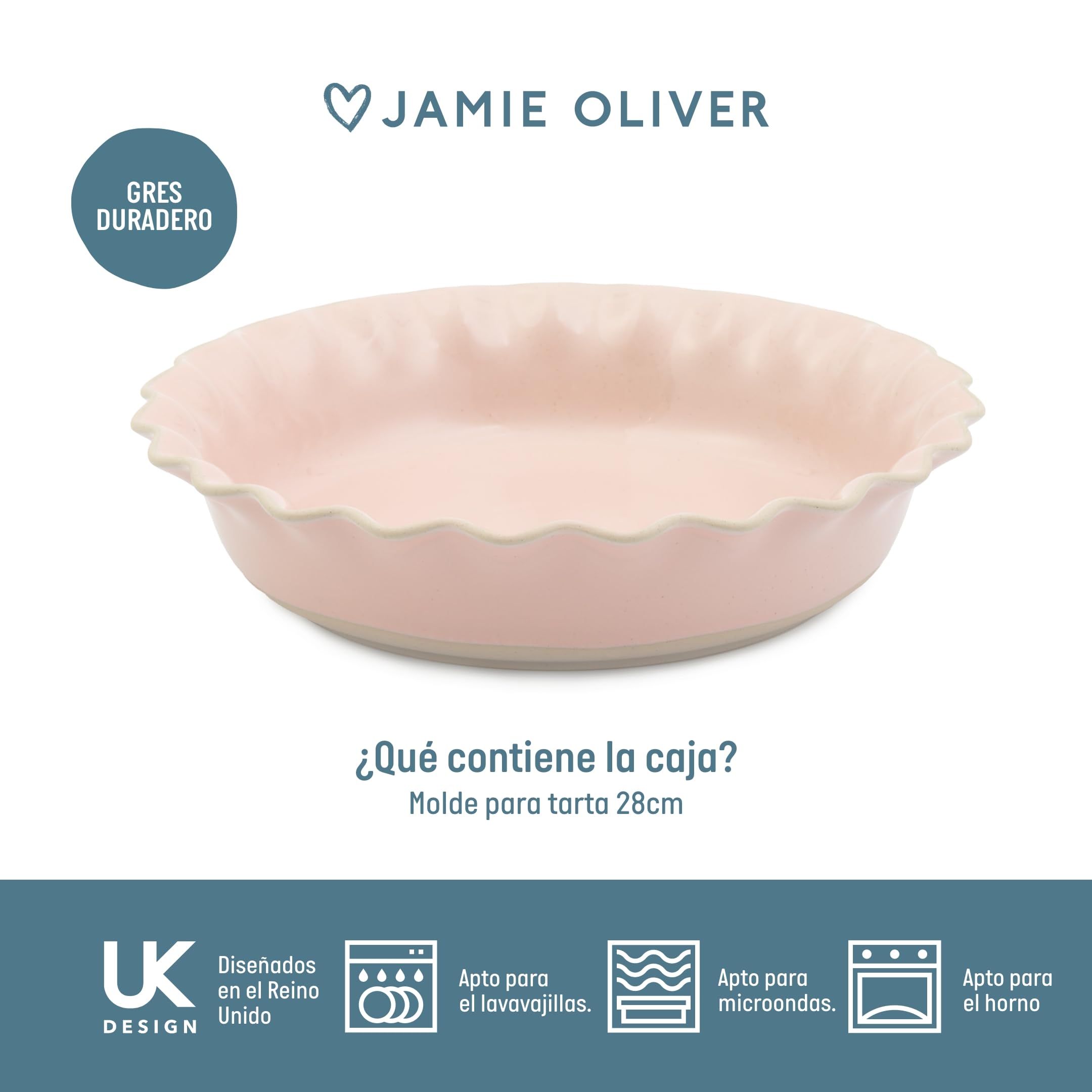 Jamie Oliver Big Love Proper - Plato para tarta, rosa, redondo, de gres moteado con bordes festoneados para repostería, horno a mesa, lavavajillas, microondas, apto para lavavajillas, 28 x 6 cm
