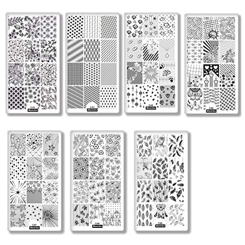 7Pcs Valentine's Day Nail Art Templates Stamping Plate Set Lace Flowers Feather Love Design Nail Art Plate Line Geometric Printing Stencil Tools #TOP1