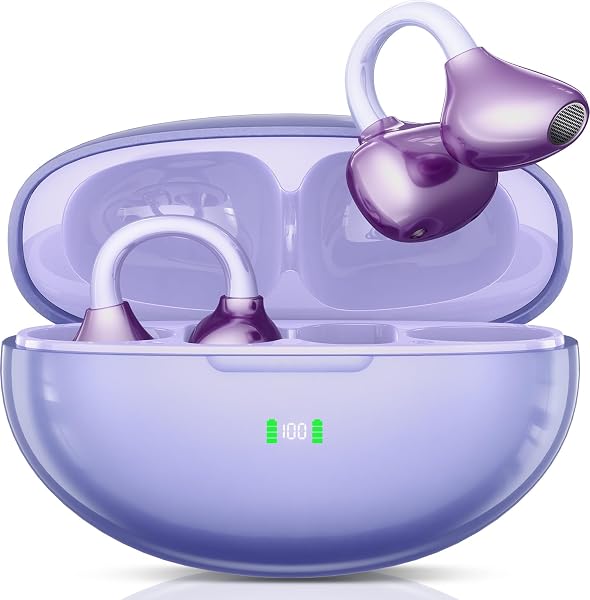 Clip-On Bluetooth Earbuds,Open-Ear Sports Headphones,Wireless bone conduction earphones,Innovative Earhook Design for Fitness,80 hours standby time, Secure Fit, Water and Dust Resistant (Purple) - 1