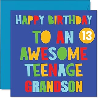 Fun 13th Birthday Cards for Grandson - Awesome Teenage Grandson 13 - Happy 13th Birthday Card from Nanny Grandad Nan Grandpa Gran Grandma, 145mm x 145mm Thirteen Thirteenth Bday Greeting Cards Gift