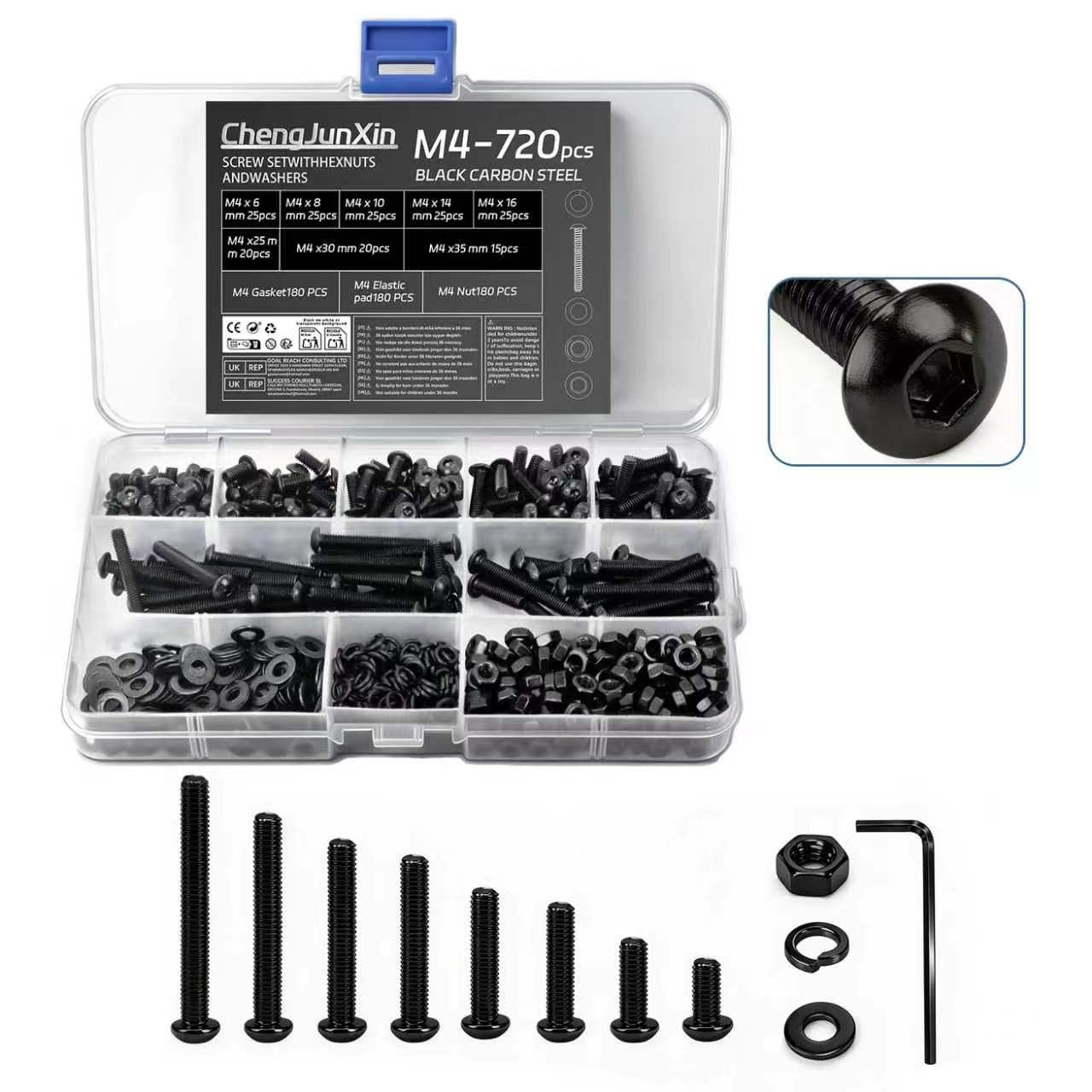 720Pcs M4 Bolts and Nuts Set,Hex Socket Button Head Cap Screws,Black