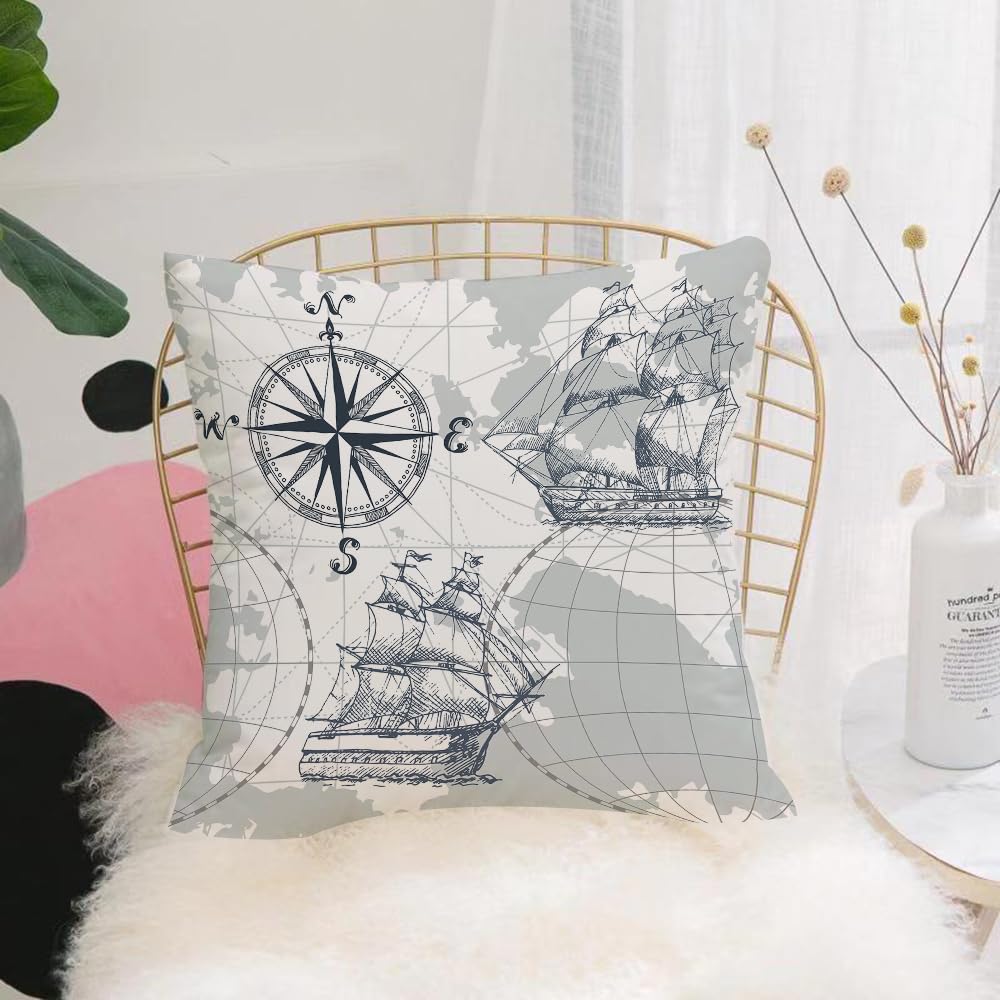 Hyosxw Sailboat L Chart Gray Boat Sketch Ship Wheel - A8 Cushion Cover,Throw Pillow Case Home Decorative For Living Room Bedroom Sofa Chair 18X18 Inch,Sailboat L Chart Gray Boat Sketch Ship Wheel Compass Anchor,Pillowcase 45X45cm
