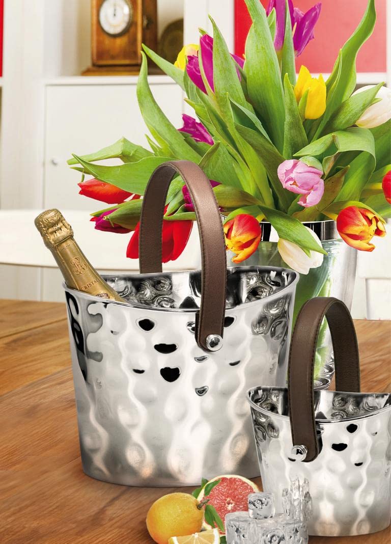 EDZARD Champanera Gilbert (B 28 cm, H 23 cm), acero inoxidable martillado, niquelado brillante, con asa de piel marrón – enfriador de vino, enfriador de botellas, cubitera