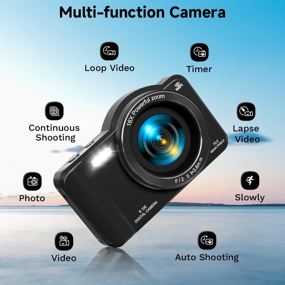 Digital Camera, 4K WiFi 75MP Compact Camera with Touchscreen 16X Zoom, Autofocus Vlogging Travel Camera, 32GB SD Card for Teens Boys Girls Beginners (Black)