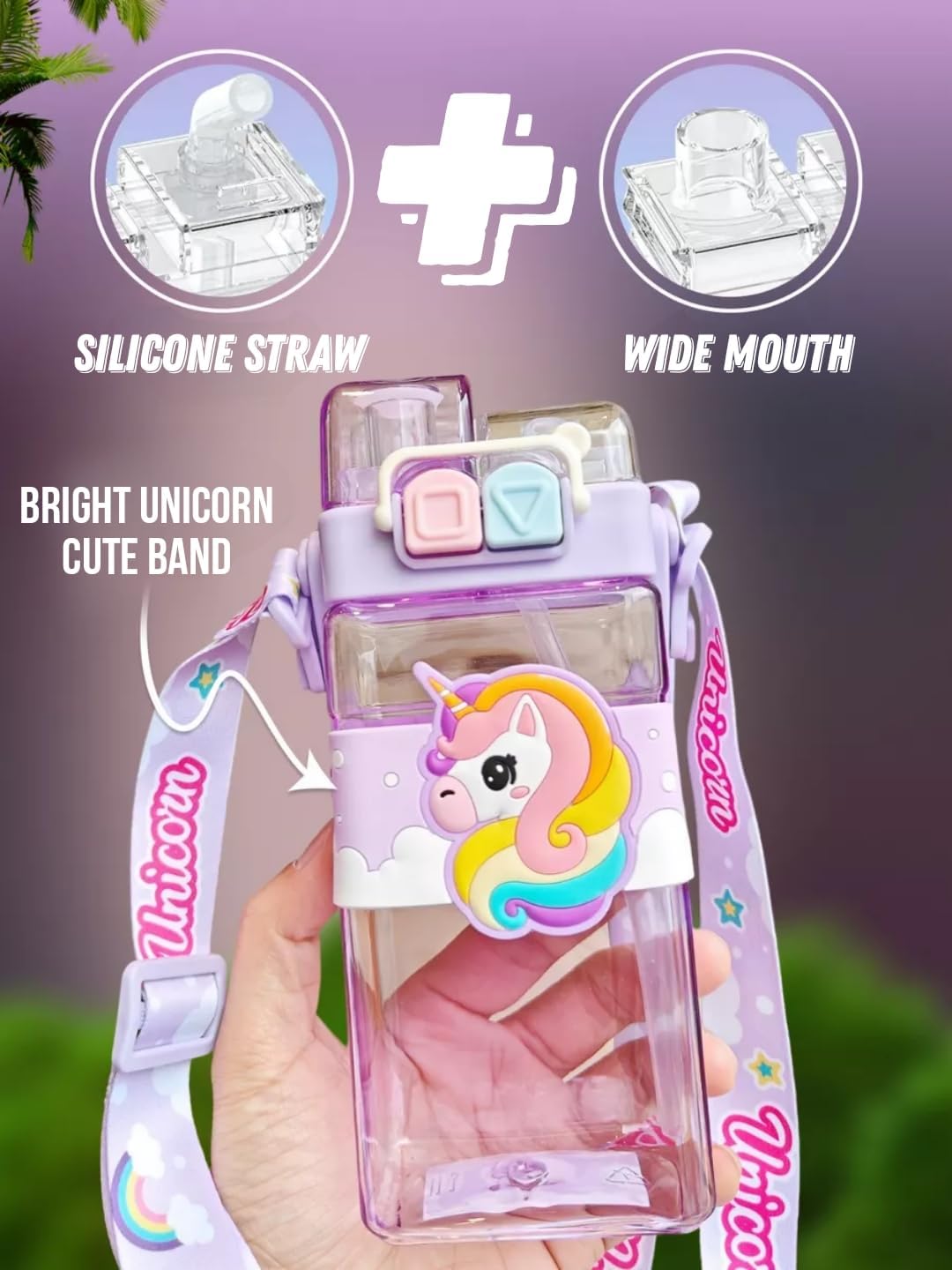 PLUSPOINT Unicorn Water Bottle for Kids with Carry Strap to Hang Double drinking Caps Sipper Bottle with Straw & Wide Mouth Leakproof, BPA Free Tritan Water Bottle for School Kids 520ML (Purple) 4