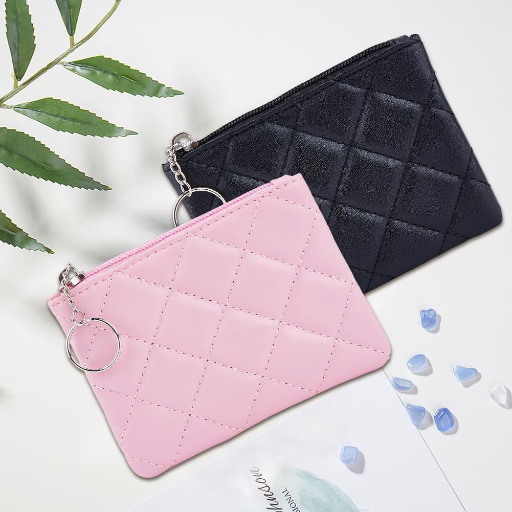 2 Colors PU Leather Coin Purse with Alloy Keyring Embossed Rhombus Small Change Purse Keychain Portable Card Holder Key Chain Wallet Zipper Pouch Pocket for Women Men(Black;Pink)