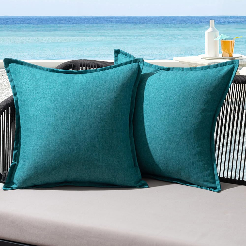 MIULEE Outdoor Kissen Wetterfest Kissenbezug Wasserdichter Dekorative Kissenbezüge Leinen-Optik Sofakissen Dekokissen für Garten Sofa Couch Wohnzimmer Schlafzimmer 2er Set 45x45cm Pfauenblau