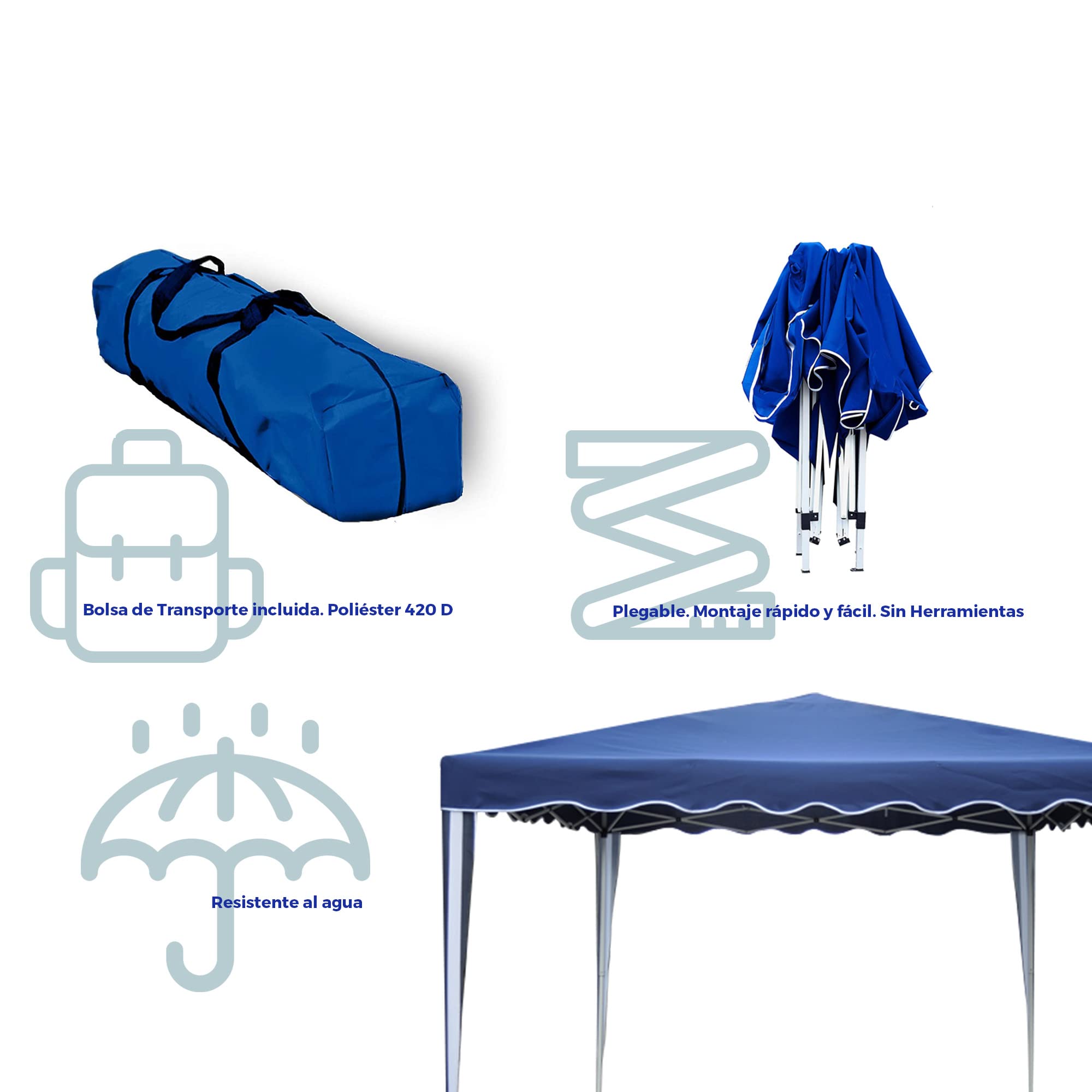 Carpa Plegable 3x3 m Impermeable – Cenador Gazebo Pop Up para Jardín, Terraza, Playa, Camping y Eventos | Estructura de Acero, Montaje Rápido, 8 Piquetas, 4 Cortavientos y Bolsa