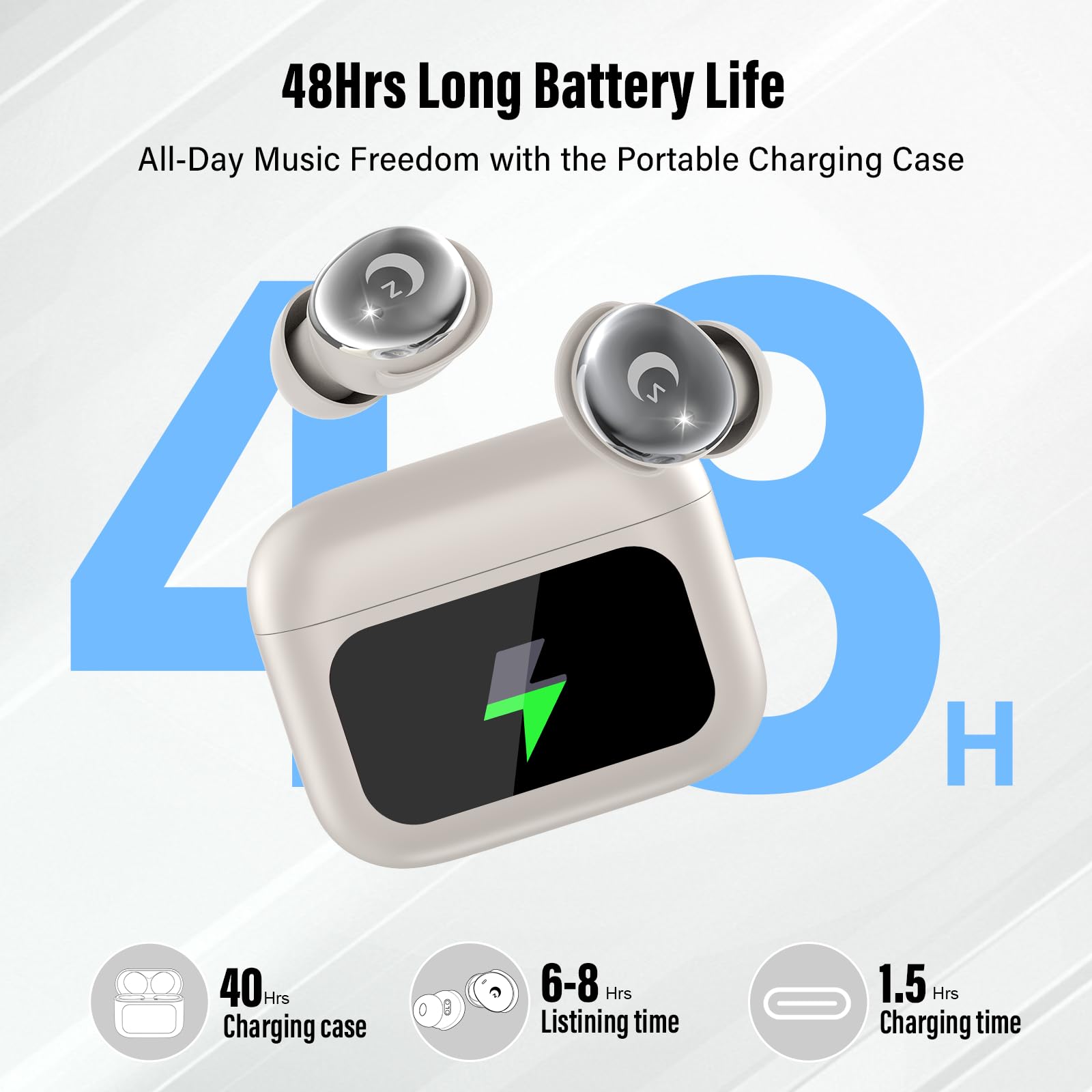 VEKJ Bluetooth Kopfhörer, Mini 48H Schlafkopfhörer Bluetooth 5.4 mit Touchscreen, 2025 Neue in Ear Kopfhörer Kabellos mit ENC Noise Cancelling, IPX7 Ohrhörer mit Immersiver Deep Bass Ohrhörer, beige