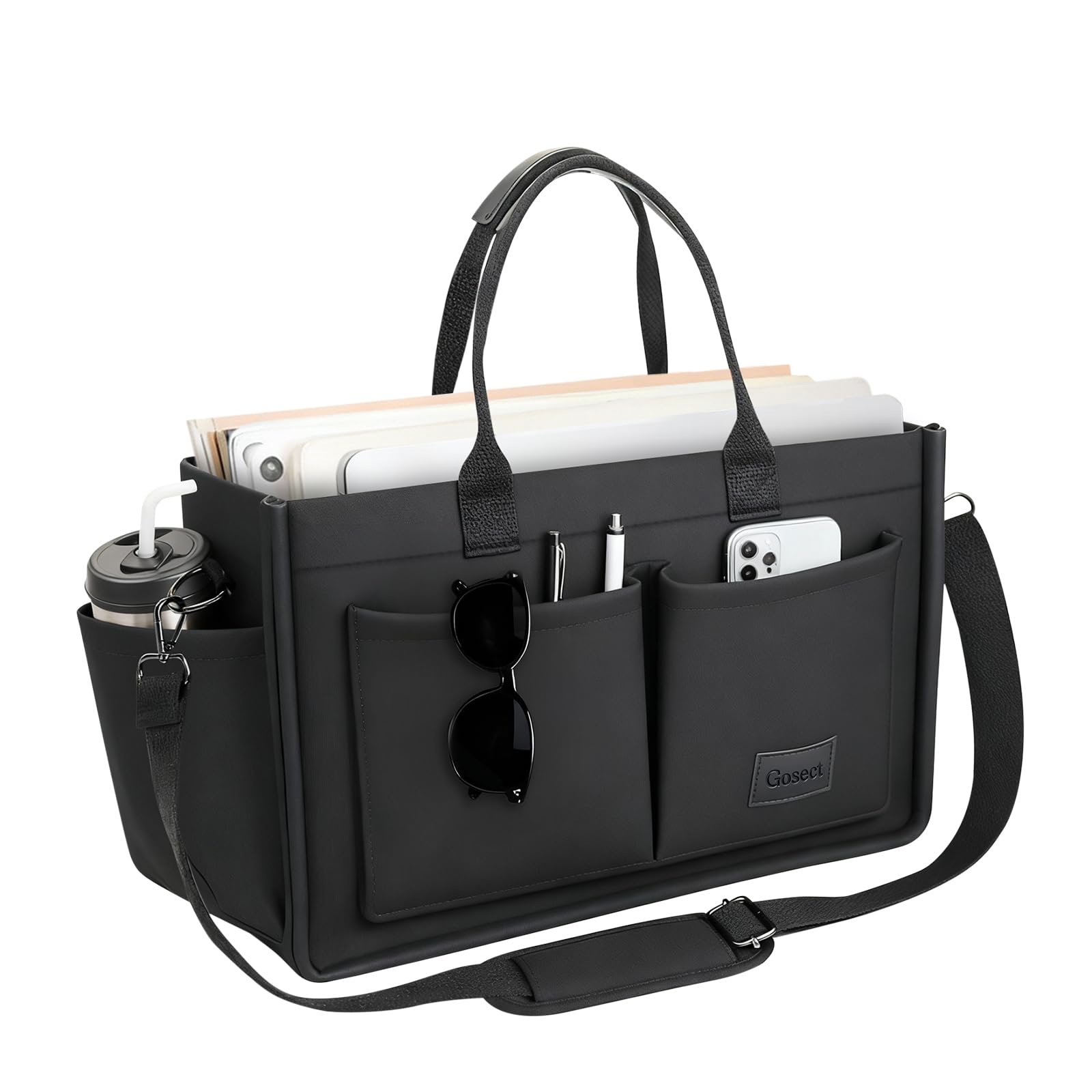 Gosect Canvas Tote Bag for Women With Pockets, Laptop Work Crossbody Purses Everything Shoulder Everyday Satchel Handbags