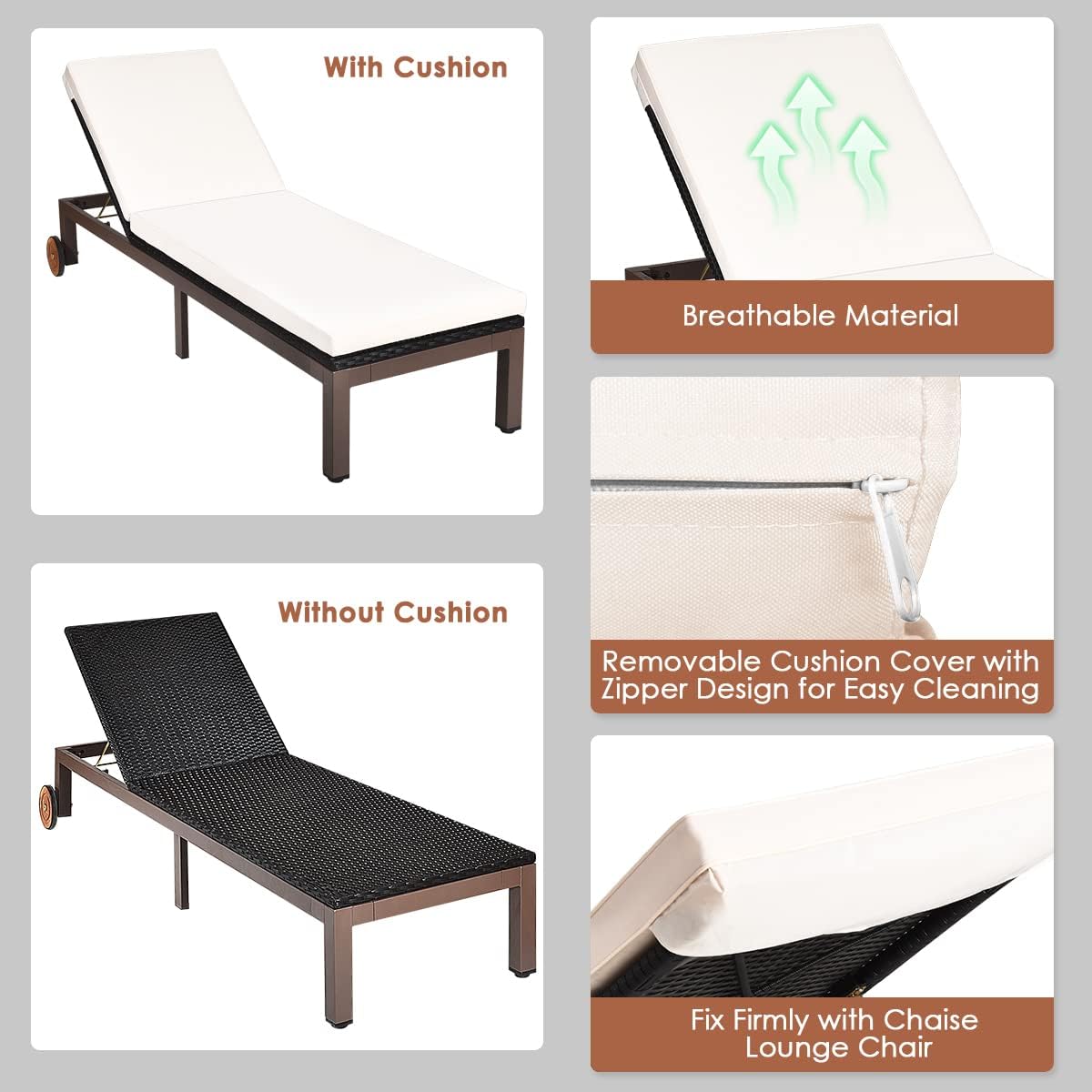 HAPPYGRILL Patio Chaise Lounge Chair Outdoor Rattan Lounger Recliner Chair Adjustable Position Folding Wicker Lounge Chair with Cushion & Wheels for Garden Patio Poolside