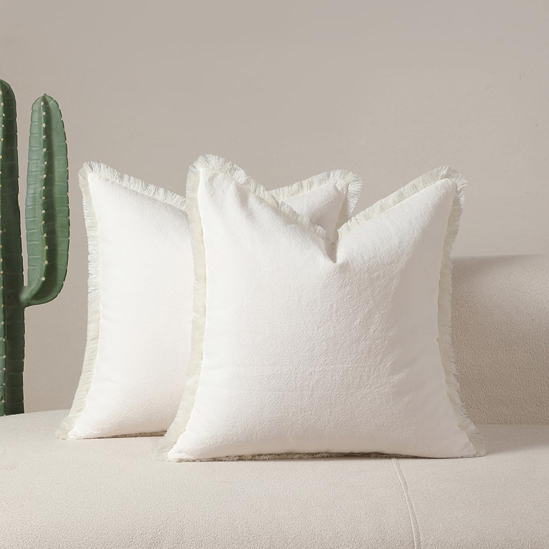 Decorative Washed Cotton Linen Cushion Covers 50x50cm Set of 2, White — image 1