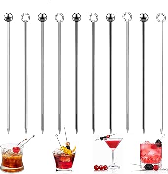 Cocktail Picks Stick, 10Pcs Stainless Steel Martini Picks, Party Supplies Reusable Metal Cocktail Skewers Olives Appetizers Bloody Mary Drinks