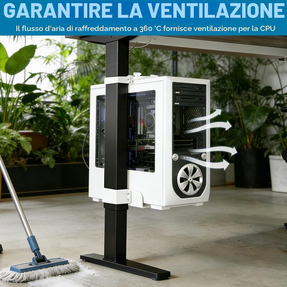 Supporto per PC sotto la scrivania senza fori, portata 20 kg, supporto per computer regolabile, adatto per gambe del tavolo da 65 x 45 mm, supporto per computer per tavoli alti (bianco)