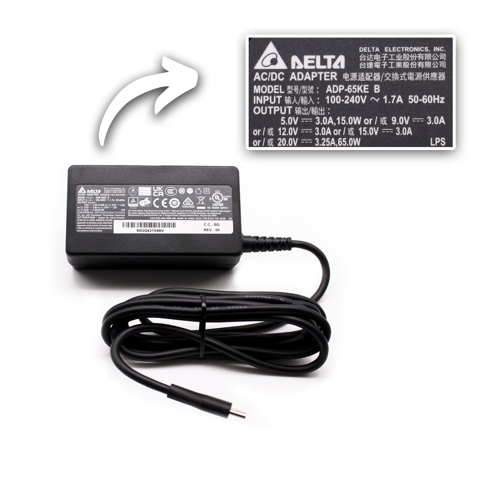 Delta New Genuine 65W USB-C Type C Charger Compatible with Lenovo