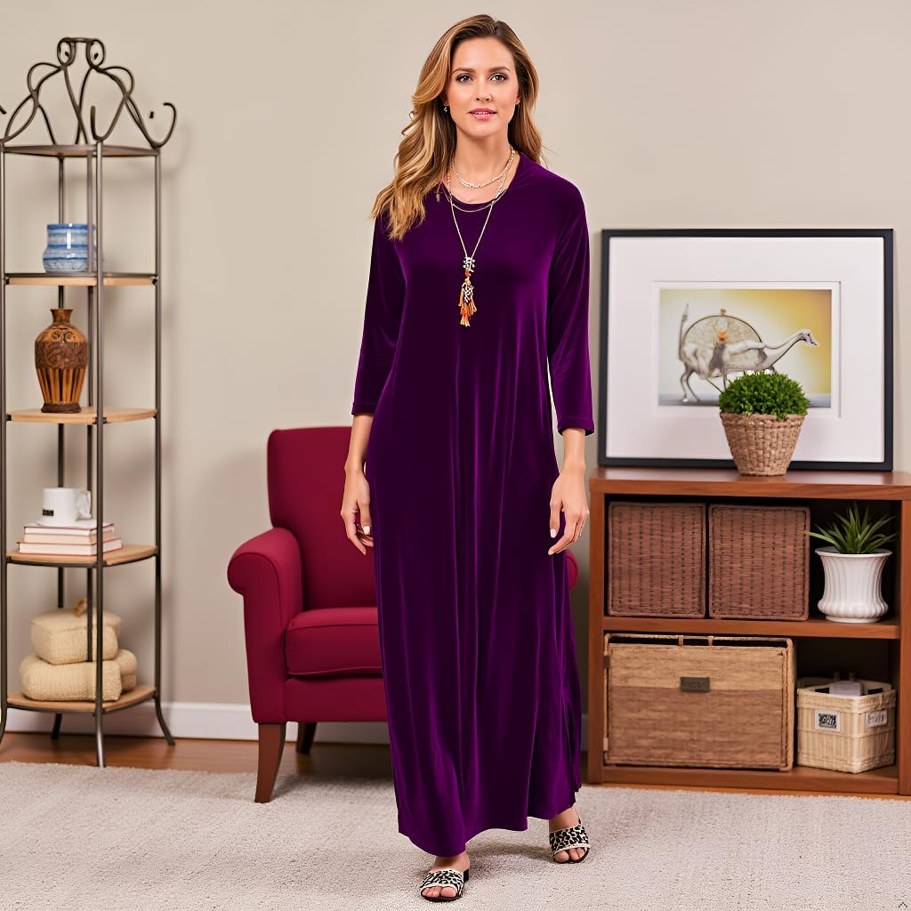 Velvet Dress for Women Spring Maxi Dress 2026 Plus Size Short Sleeve Velvet Casual Loose Elegant Crew Neck with Pocket - Image 5