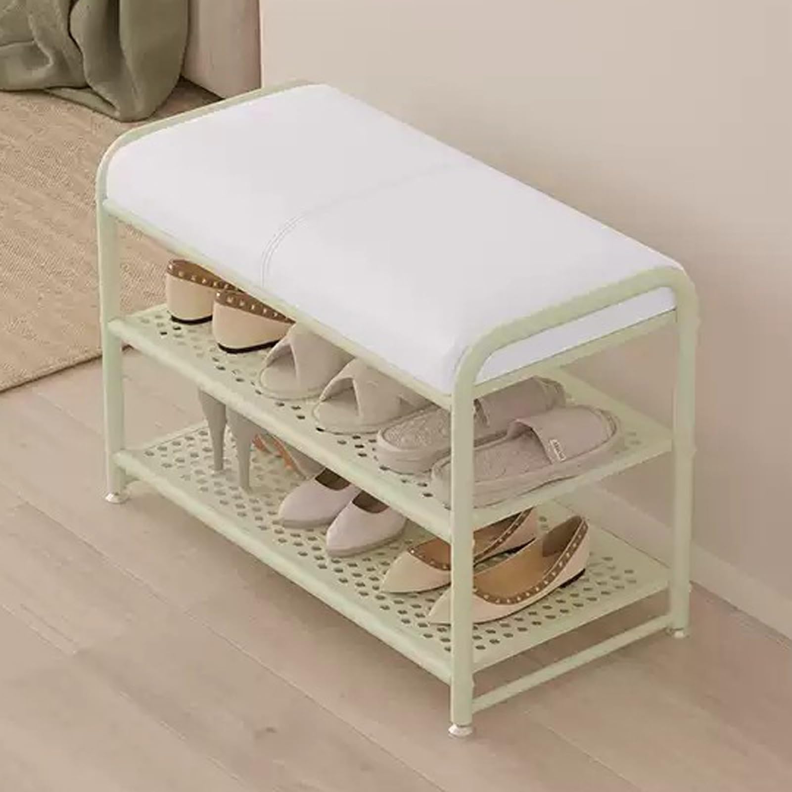LWJSOCP Stylish Shoe Storage Bench with PU Leather Cushion Upholstered Entryway Rack Metal e Beige Hallway nizer 70x32.5x48cm - Ideal Home Décor Solution