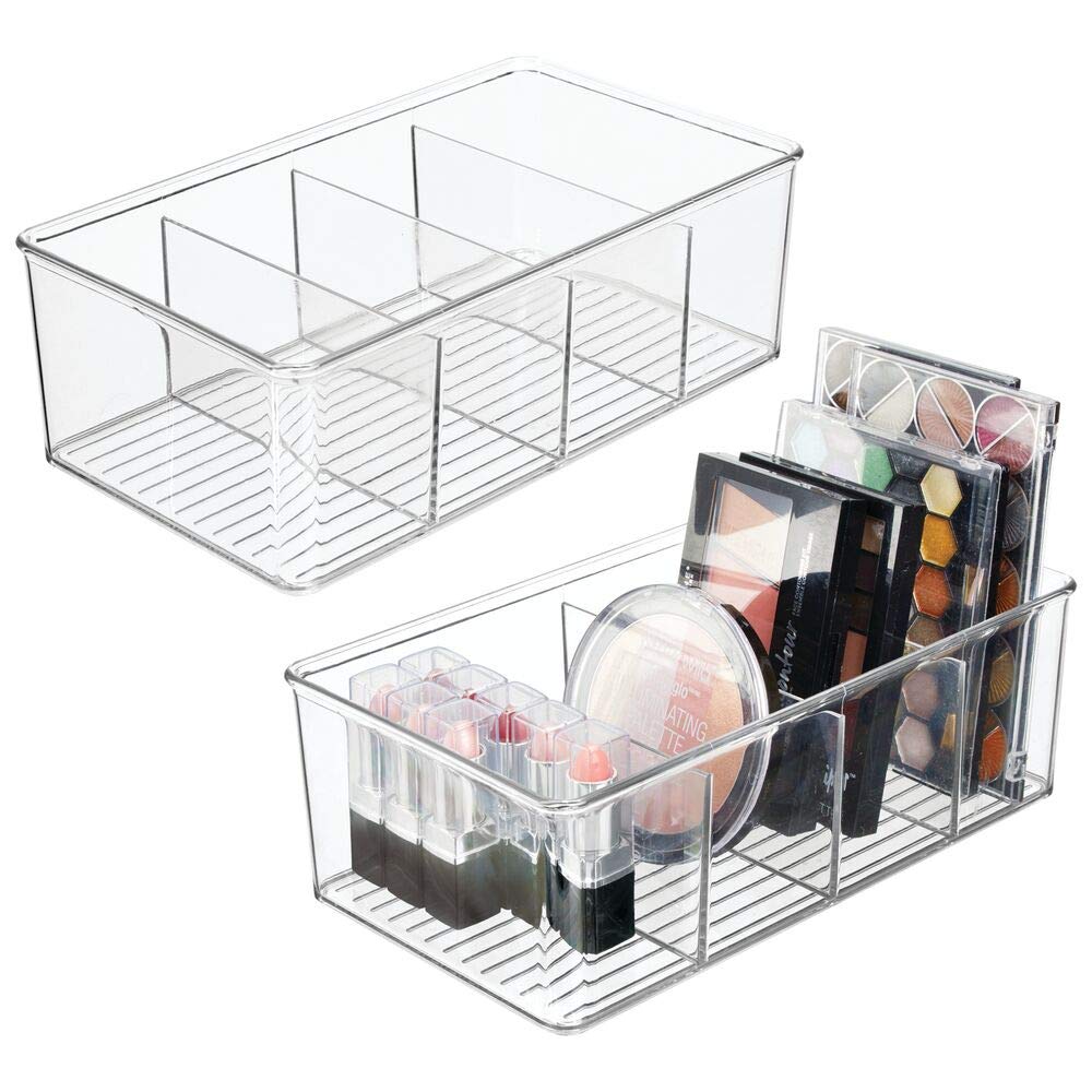 mDesign Set of 2 Makeup Organiser – Makeup Storage with 4 Divided Compartments – Plastic Cosmetic Organiser for Bathroom and More – Clear