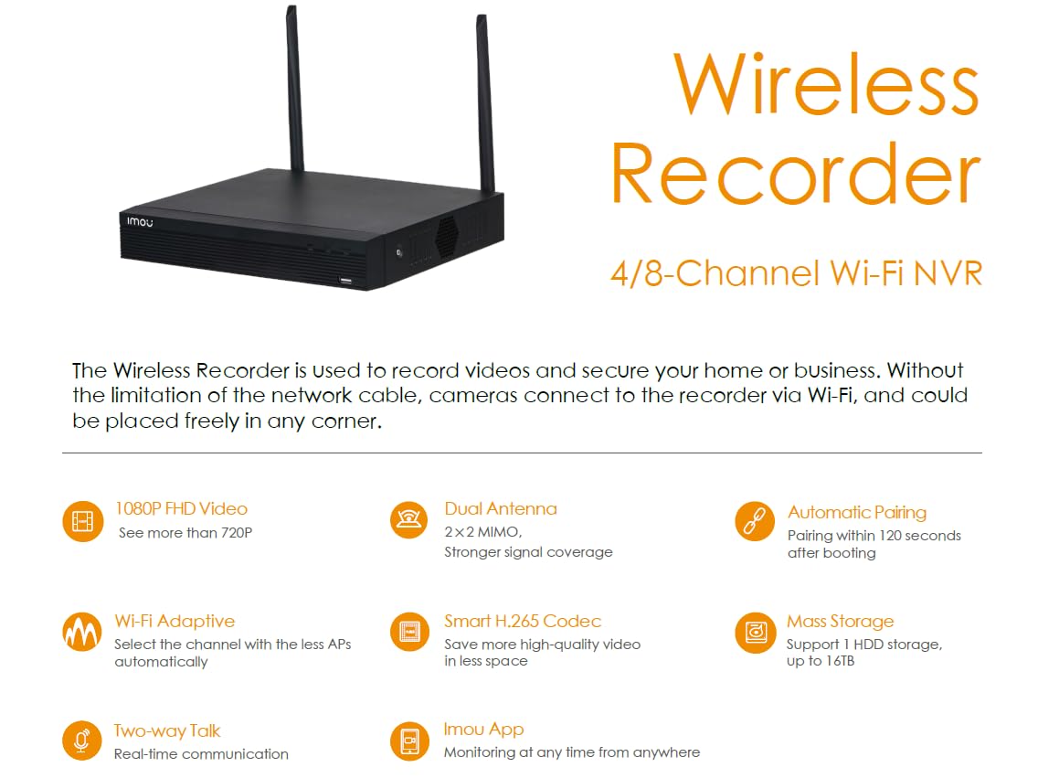 IMOU NVR 8 canali Wi-Fi. Registratore Continuo con predisposizione HDD Fino a 8Tb. Uscita Video HDMI e VGA. H.265. Portata Wi-Fi Fino a 100mt in Campo Aperto. WiFi 2x2 Mimo.