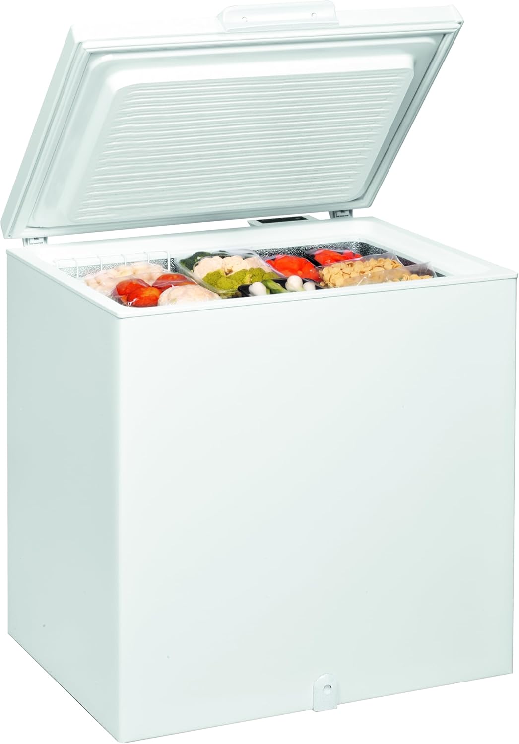 Whirlpool WHS 2121 Chest Freezer with lid open, showing frozen food inside