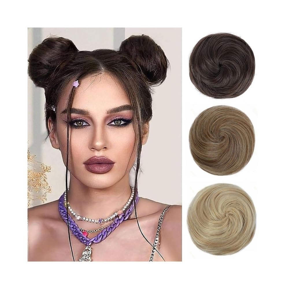 Kok do włosów syntetyczny kosmiczny kok 2 szt. Mini pazur klips w Messy kocie uszy sztuczne włosy Bun Donut Updo treski dla kobiet pączki do włosów na bułki (średni gradientowy brązowy ciemny blond)