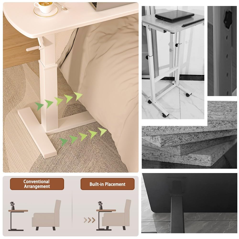 Mesita Auxiliar en Forma de C con Altura Ajustable, con Ruedas, para Colocar Debajo del sofá, Ideal como Escritorio para portátil. Altura Ajustable de 65 cm a 95 cm