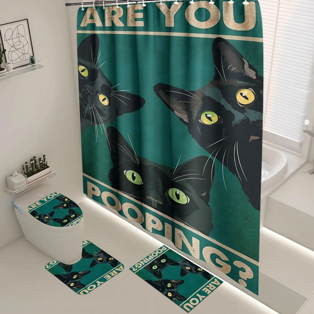 GUBIYU 4 Pcs Black Cat Shower Curtain Set with Rugs,Funny