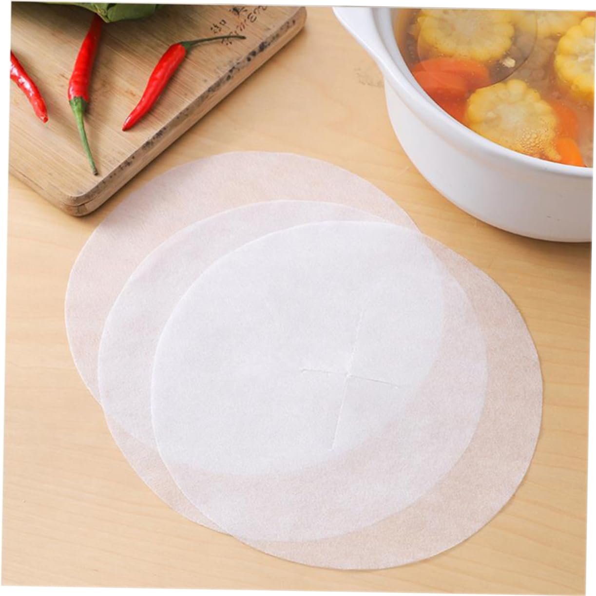 KICHOUSE Round Oil Filter Paper 48pcs Set Food Grade Nonwoven Quick Oil Absorption for Soup Chips Chicken Kitchen Baking