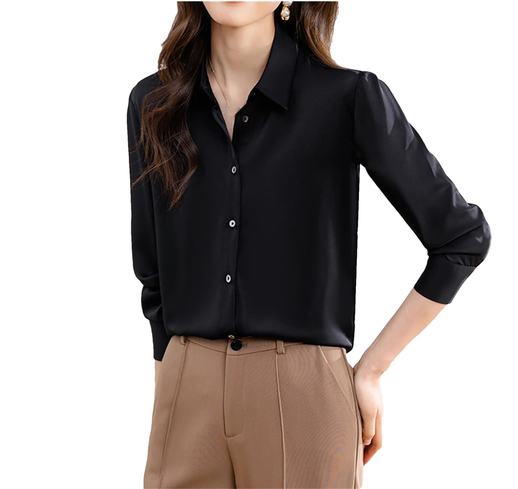 Lmtossey Camicie da donna in raso a maniche lunghe da ufficio da lavoro top basic
