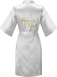 MORFORU Gold Glittering Flower Girl Silky Satin Kimono Robe Solid Color Kids Robes for Wedding Spa Party, Short (White, Tag 6)