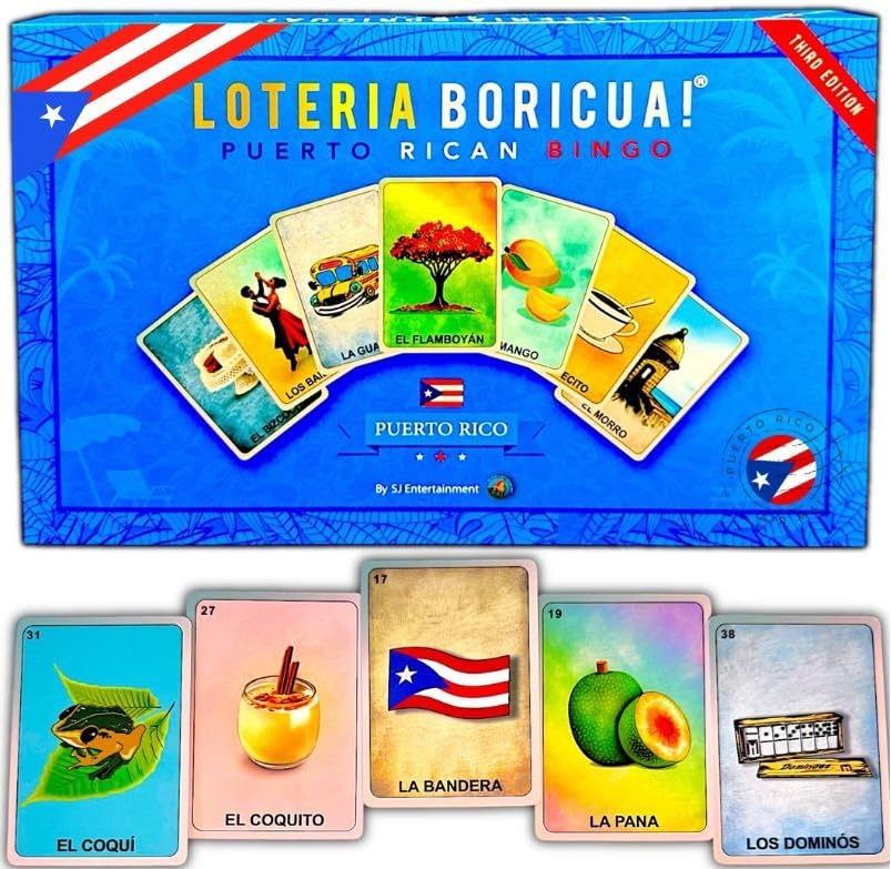 SJ Entertainment Puerto Rico Bingo: Lotería Boricua (3rd Edition) – Bilingual Puerto Rican Party Game – Collectible Millennial Twist on Classic Bingo – PR Slang & Translation Included