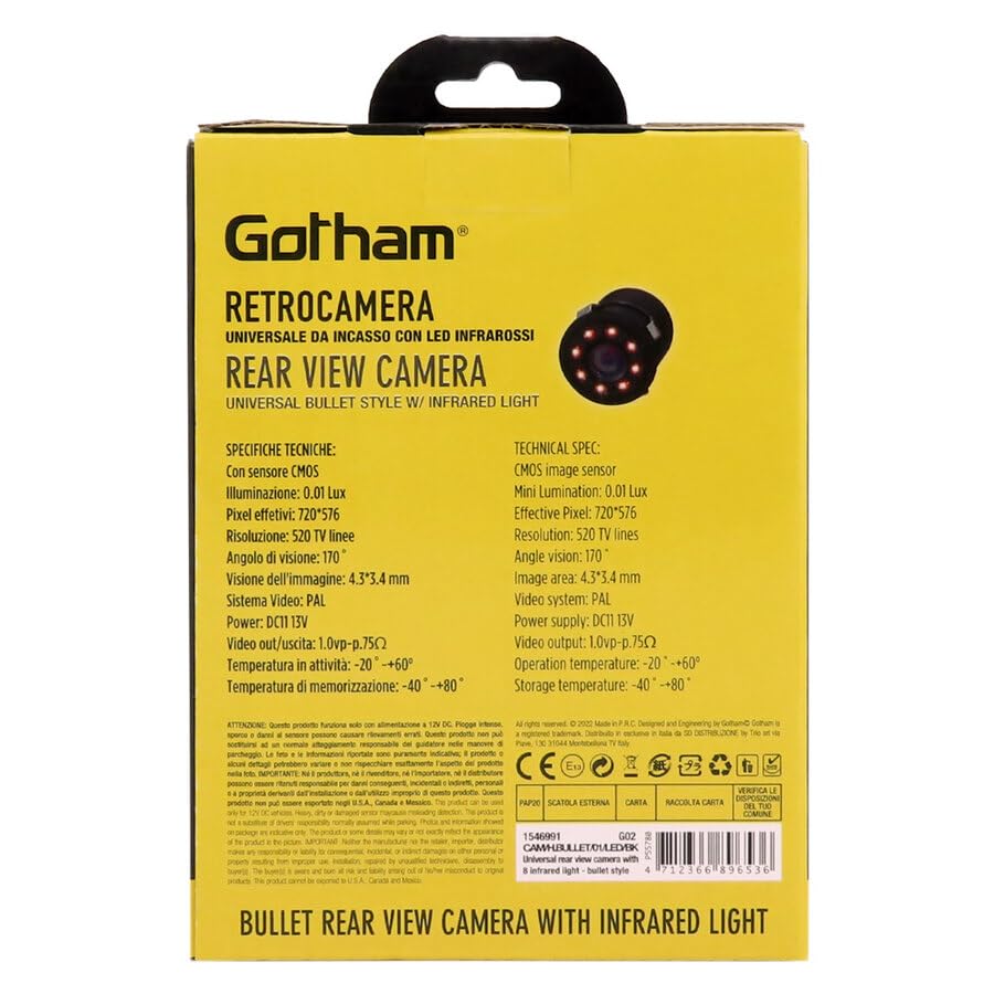 GOTHAM Retrocamera auto | Visione notturna | LED IR | Impermeabile | Assistenza al parcheggio | 170° | CMOS | 720x576