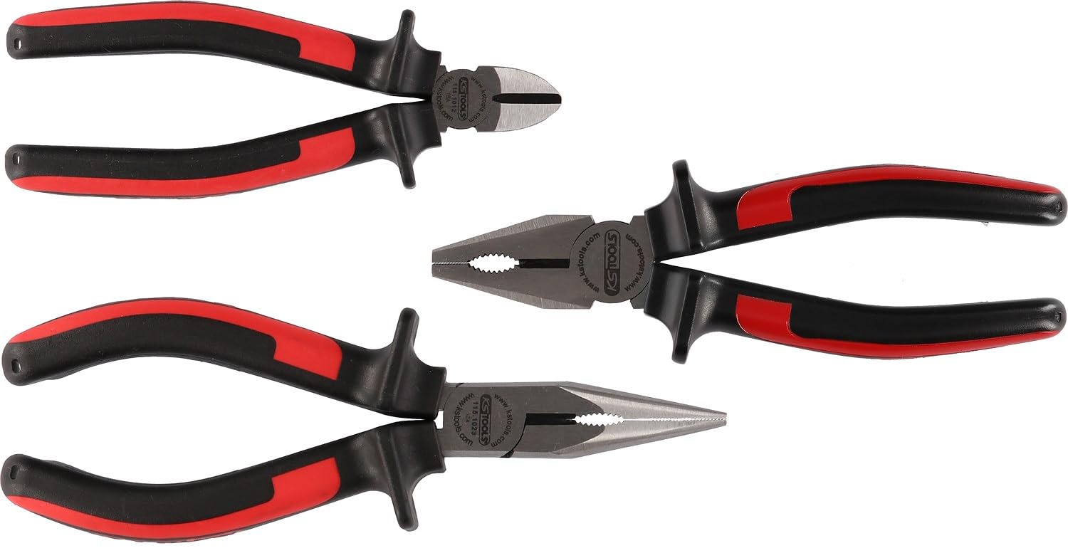 KS TOOLS 115.1010 - Jeu de 3 Pinces - Gamme Ergotorque - Pince Coupante L.165 mm, Pince Universelle L.180 mm, Pince à Becs Demi-Rond L.21