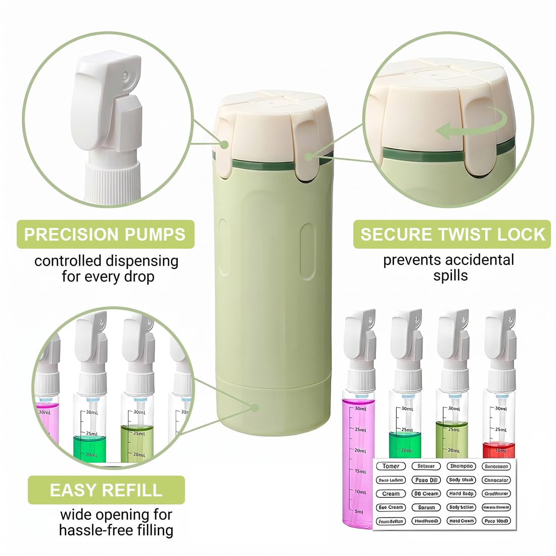 4 en 1 flacons distributeurs de voyage : flacons compressibles rechargeables, étanches pour articles de toilette - Contenant voyage portables pour shampooing, lotion, après-shampoing et