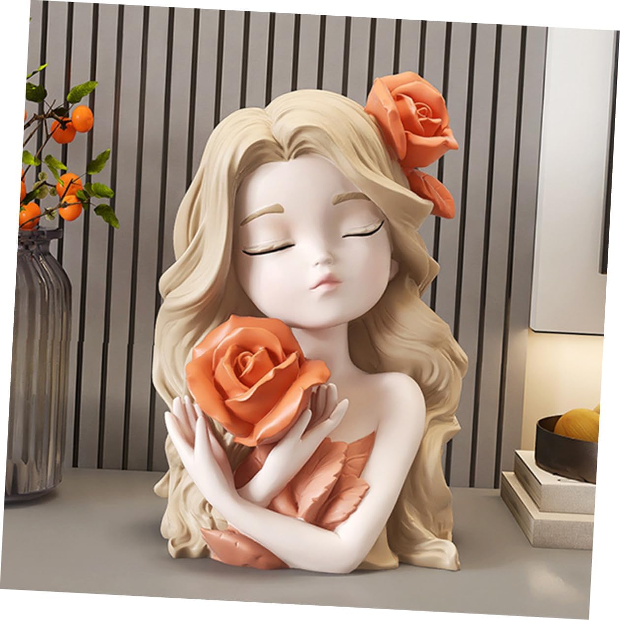 Cute Girl Resin Coin Bank Money Box for Cash Saving Piggy Bank Ornament Home and Travel Decoration with Orange Color