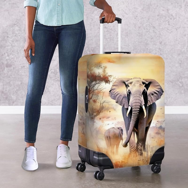 Africa Wild Elephant Travel Luggage Cover,Broken Holes Design Elephant Elephant Watercolor Suitcase Cover Washable Baggage Cover for Women Girls3