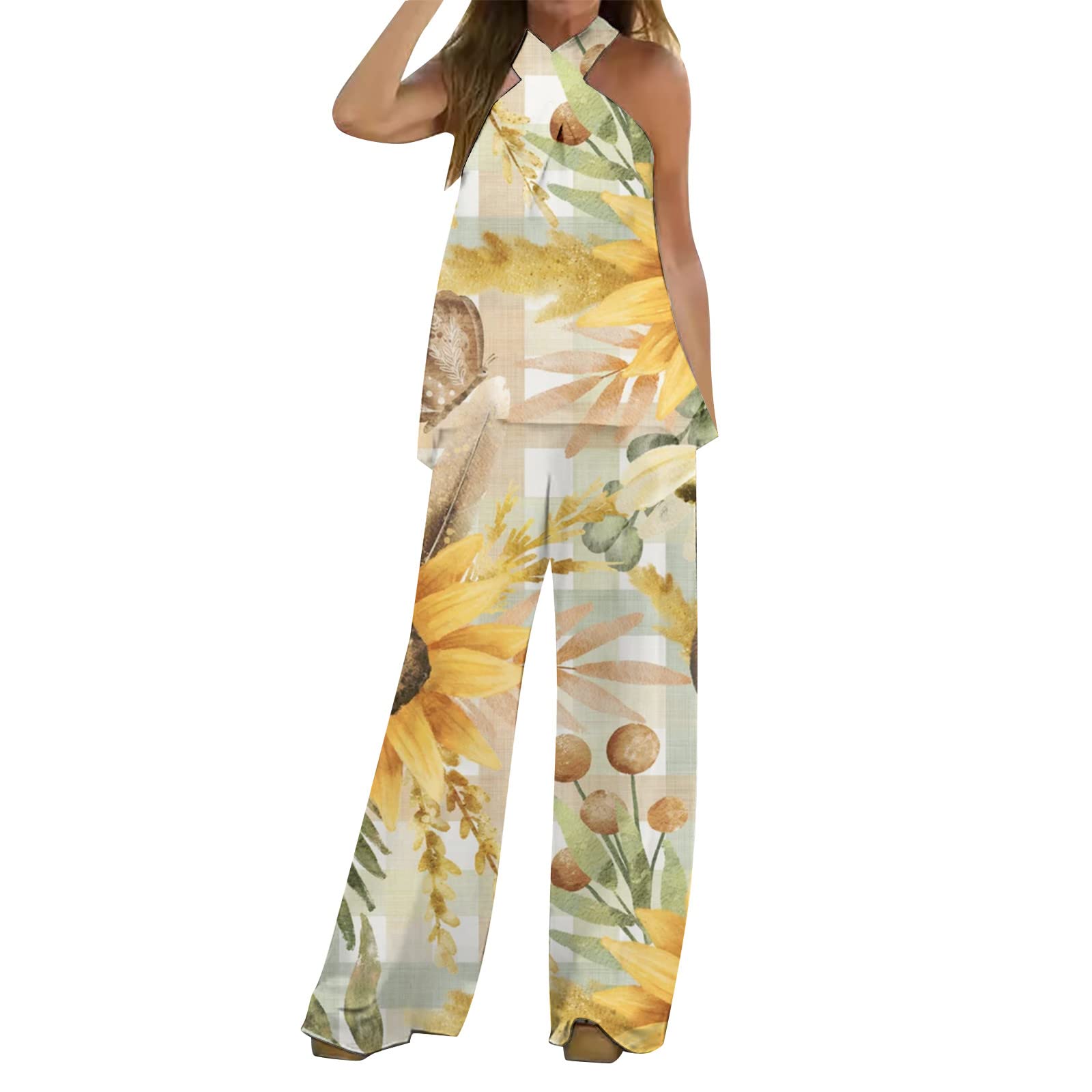 CheifayWomen's Two Piece Outfit Casual Loose Fit Printted Pants Shirts Sets Essentials Straight Leg Pants Set with Pockets