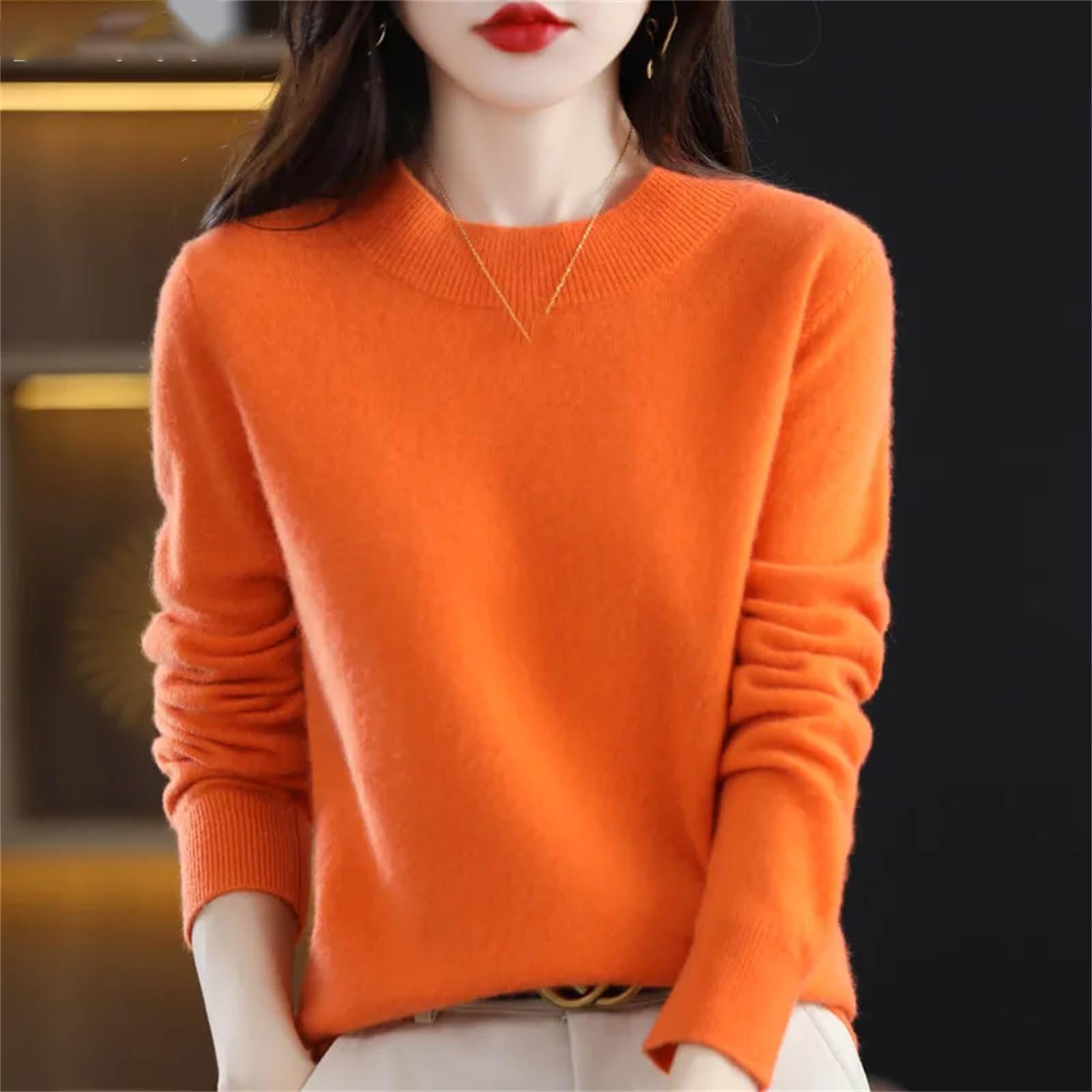 Suéteres de cachemira para mujer, suéter de punto redondo para otoño e invierno, cálido, de cachemira, de manga larga, suéter de lana para mujer