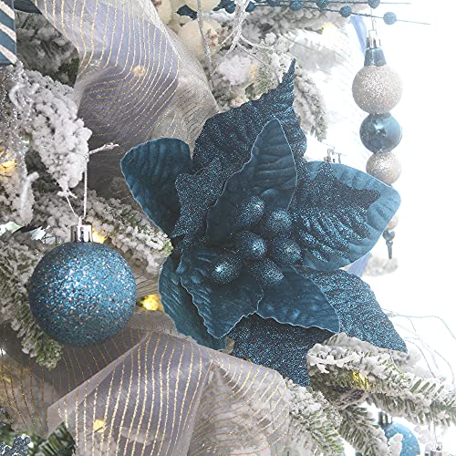 Sea Team 6-Pack Artificial Glitter Poinsettia Christmas Flower Ornaments Tree Decorations, 10-Inch, Stone Blue #TOP3