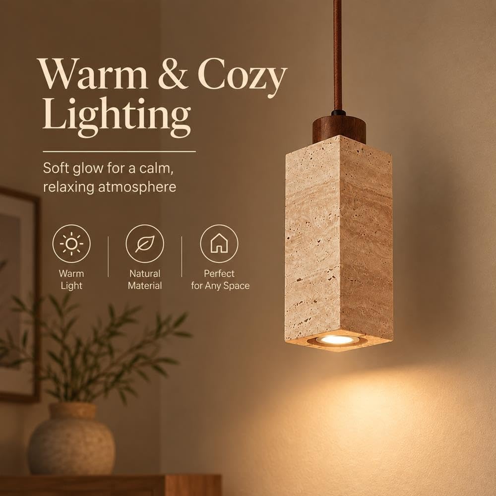 Lampa Wisząca Z Trawertynu Wabi-Sabi Naturalnego Kamienia I Drewna, E27