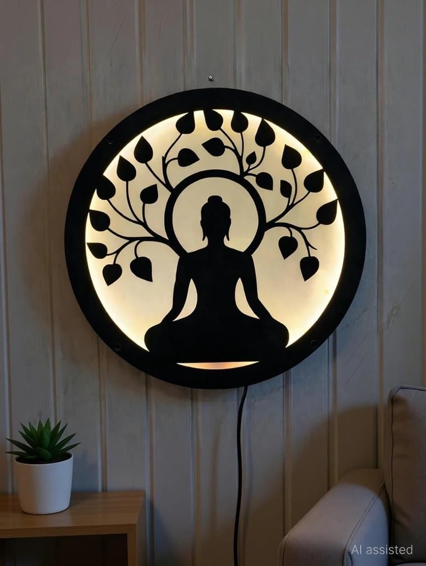 Gautam Buddha LED Wall Hanging with Inbuilt Mantra Sound, Round Black Plug & Play Decorative Wall Light for Home Temple, Living Room, Meditation Room & Spiritual Decor, 12x12 Inch-image-15