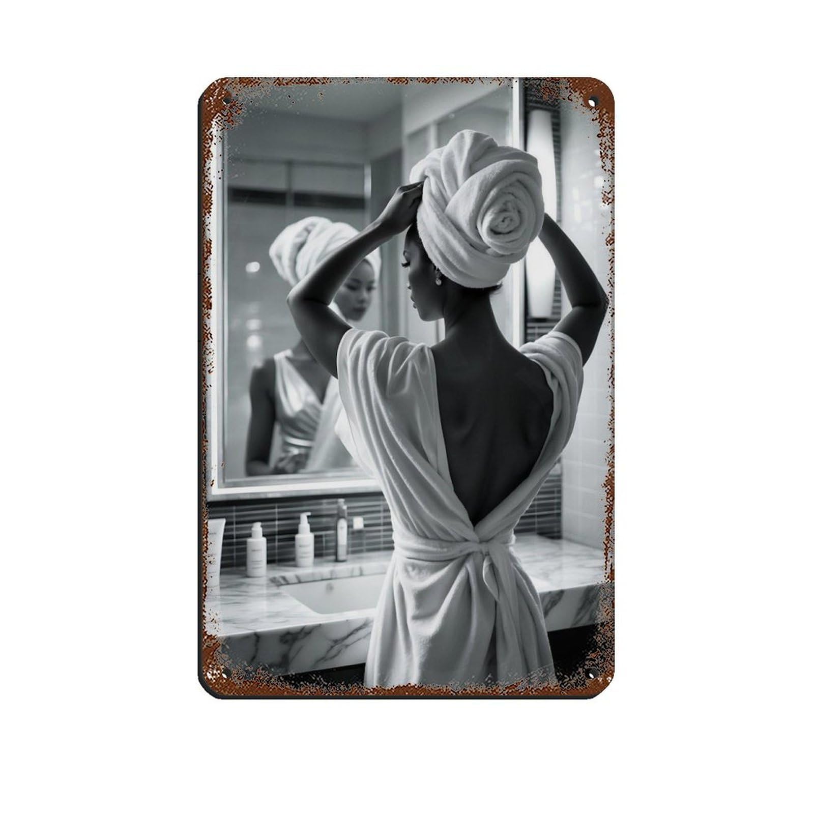 Spa Theme Home Woman with Towel Tin Sign Vintage Metal Pub Club Cafe Bar Home Wall Art Decoration Poster Retro 8x12inch(20x30cm)