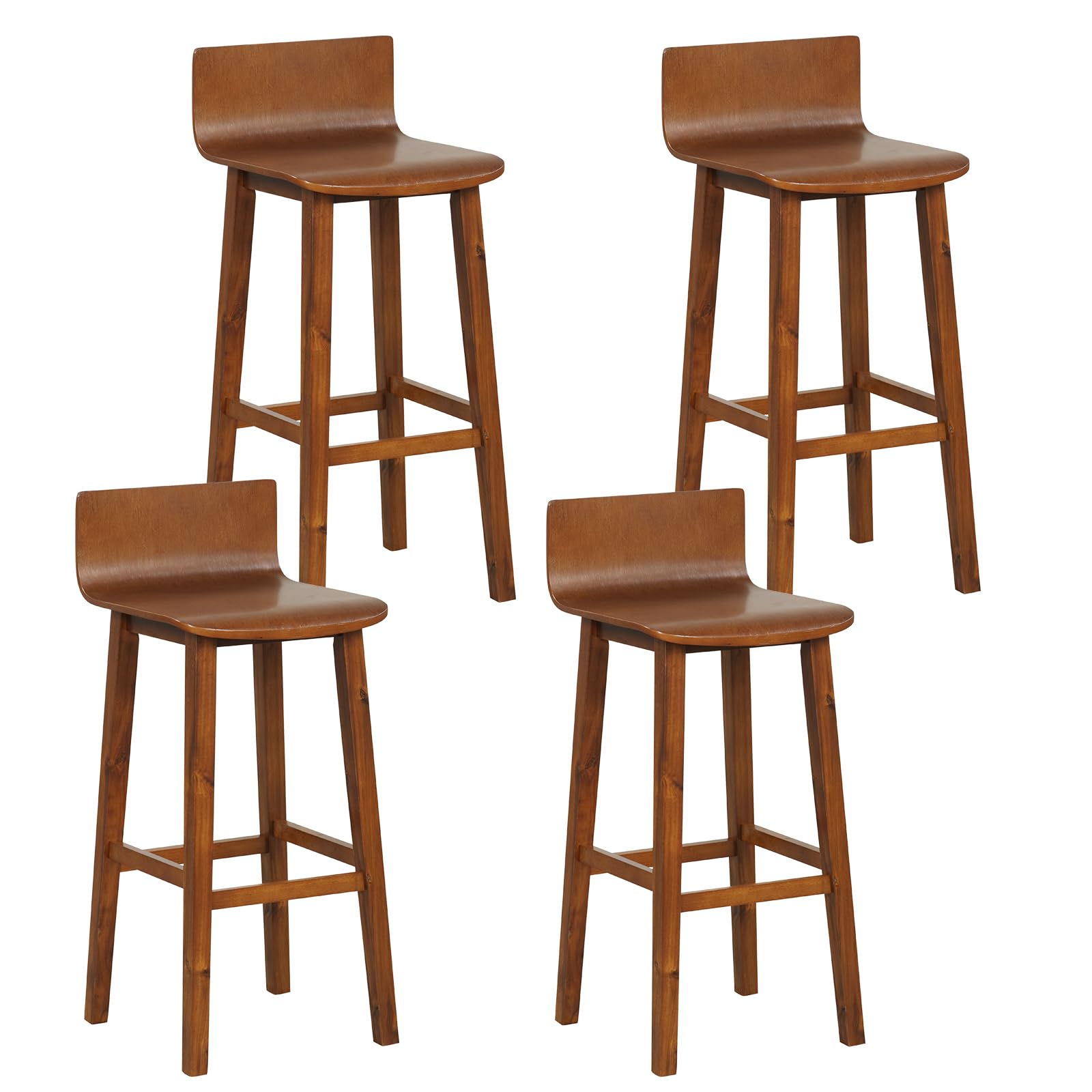 COSTWAY Solid Wood Bar Stools Set of 4, 29-inch Counter Height Chairs with Low Back and Footrest, Farmhouse Wooden Armless Barstools for Kitchen