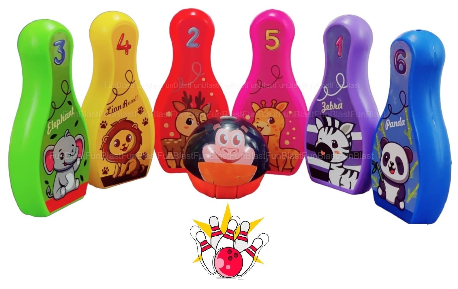 Bowling Set Toy With 6 Pins&1 Balls-Jungle Theme Cartoon Bowling Play Set Toys&Games For Kids,Indoor Outdoor Hit&Throw Game For Kids-Target Bowling Hit&Throw Play Set,Multicolor