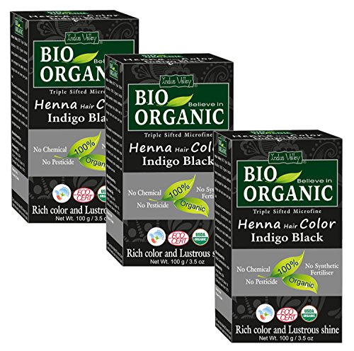 Indus Valley Bio Organic Henna Hair Dye Colour For Grey Hair(Indigo Black)- Set of 3 (300 gm) Microfine Triple Shifted Henna With No Chemical, No Synthetic Fertiliser, No Pesticide