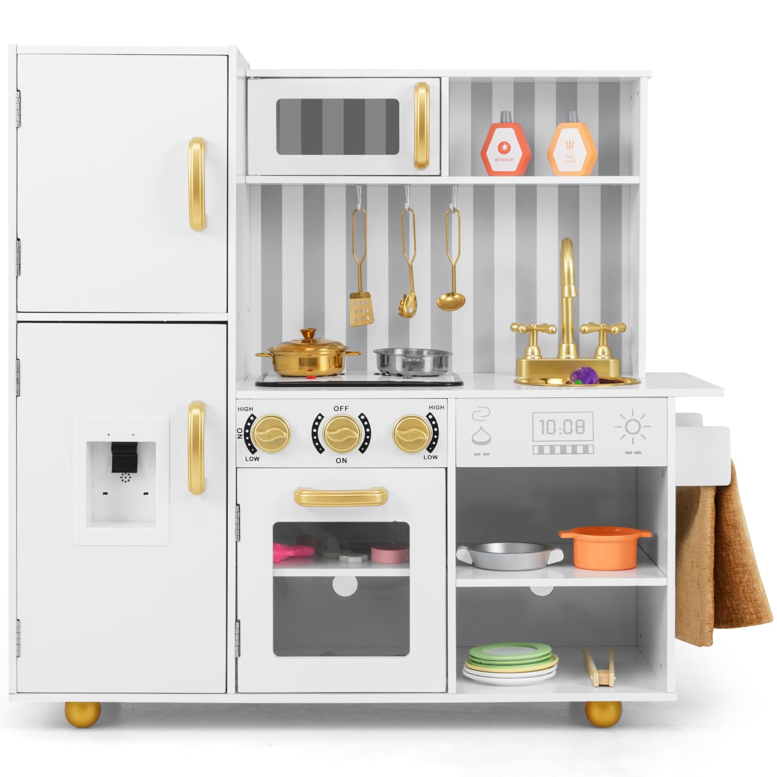 GYMAX Kids Play Kitchen, Wooden Toy Kitchen with Stoves, Sink, Lights, Sounds, Water Dispenser, Oven & Cooking Accessories, Children Kitchen Playset for 3+ Years Old (White+Gold)
