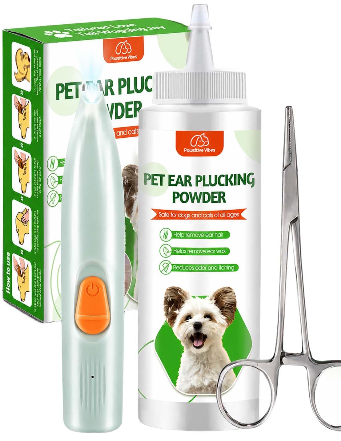 Pawsitive Vibes Zestaw do czyszczenia uszu dla psa, proszek do usuwania sierści 30 g, hemostat i obcinacz do strzyżenia psów do pielęgnacji, leczenia infekcji ucha psa, usuwania woskowiny i zapachu
