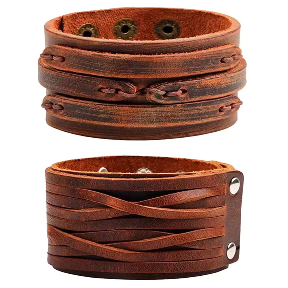 NIGHTCRUZ Punk Leather Cuff Bracelet, 2PCS Vintage Leather