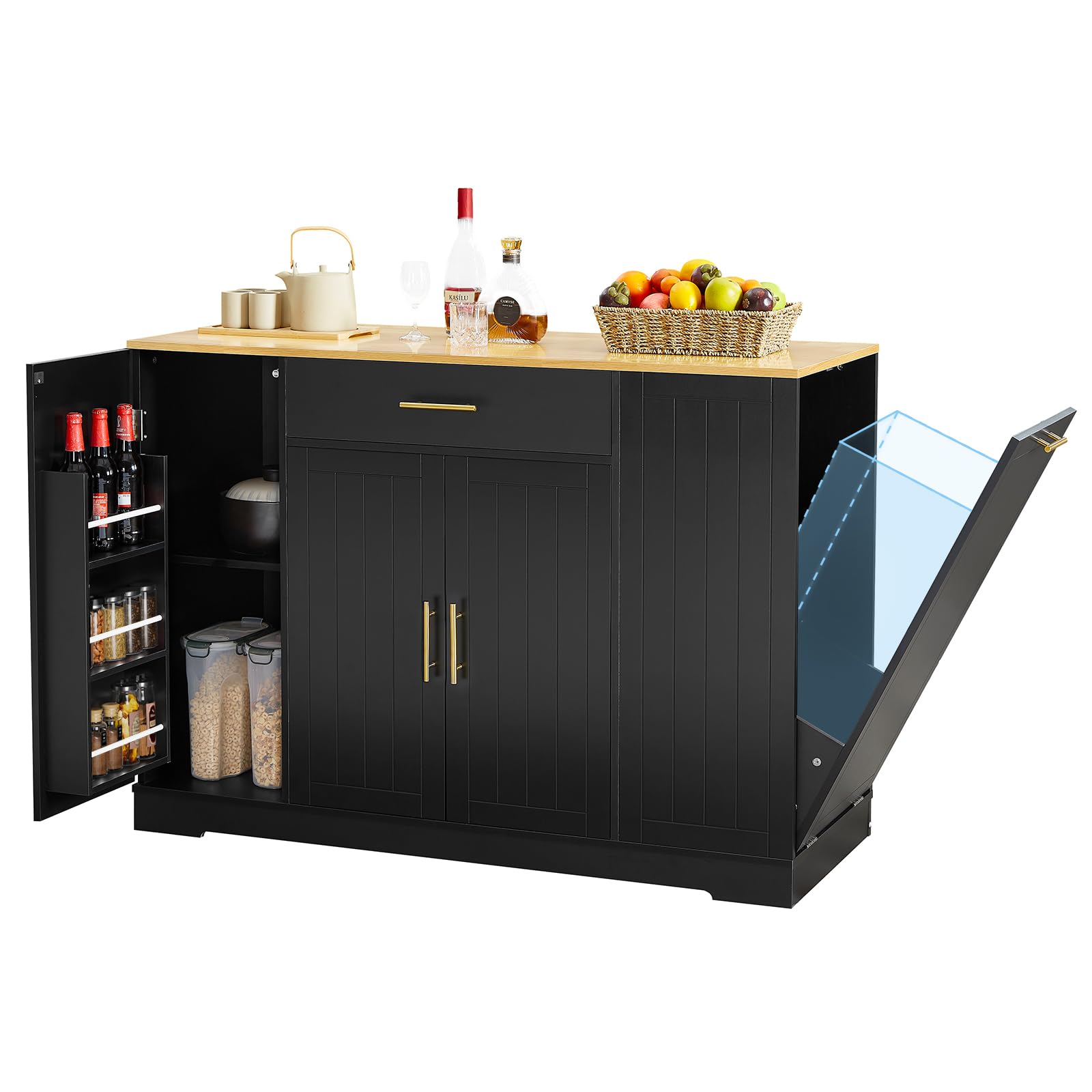 Lyromix 53" Long Kitchen Island with Trash Can Storage, Black Kitchen Cart with Garbage Bin 10 Gallon, Wood Island with Trash Can, Wood Top, Spice Rack and Drawers