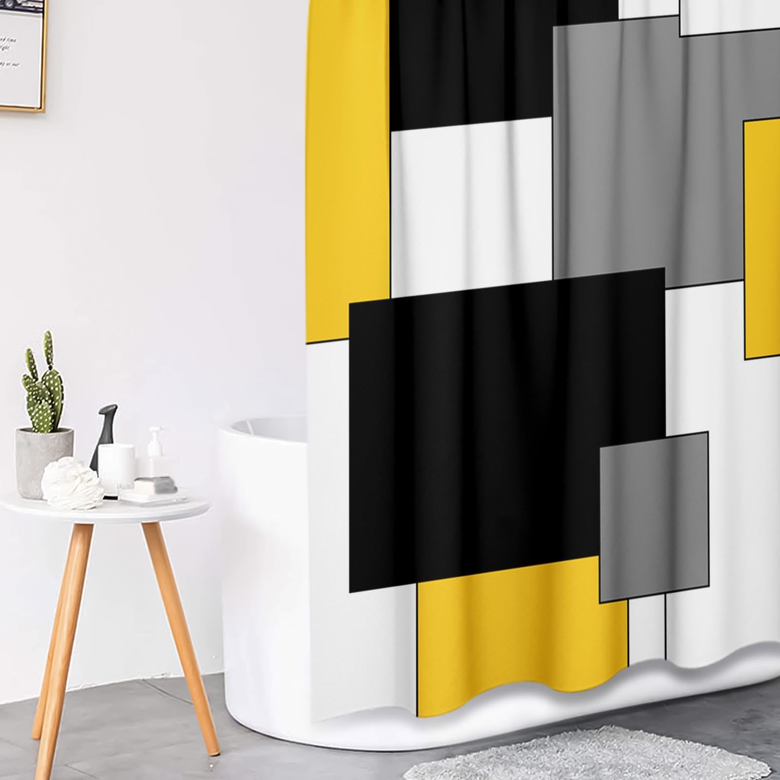 Juego de cortina de ducha geométrica amarilla con cubierta de tapa de inodoro y alfombras antideslizantes para baño, cortina de ducha de 4 piezas, juego de baño abstracto moderno con 12 ganchos 8